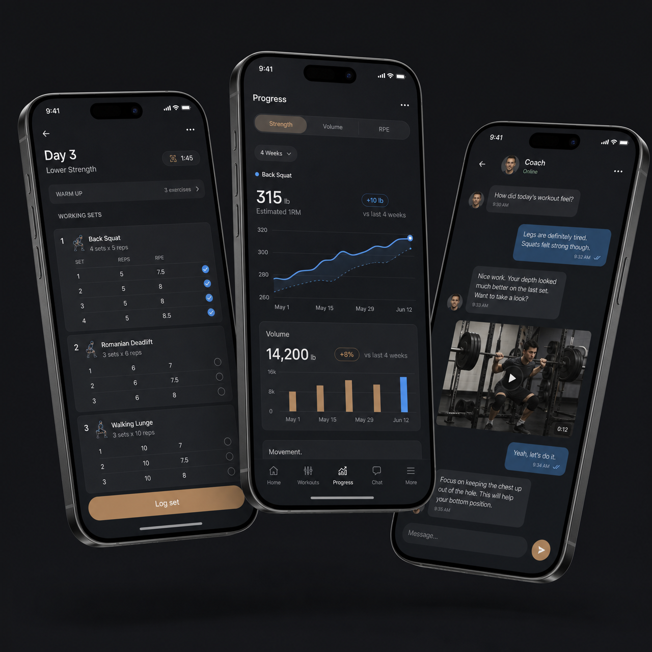 The Kova Strength app showing a workout day, progress charts, and coach chat